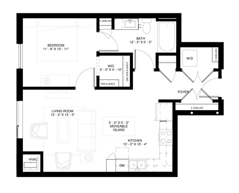 Floor plan for a 1 bedroom and 1 bath apartment unit
